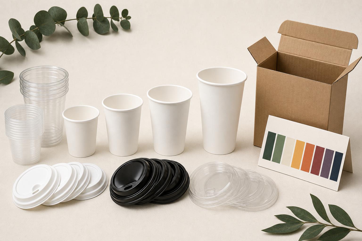 Sample pack contents: blank paper and plastic cups in every size, matching lids, a printed colour card and a shipping carton