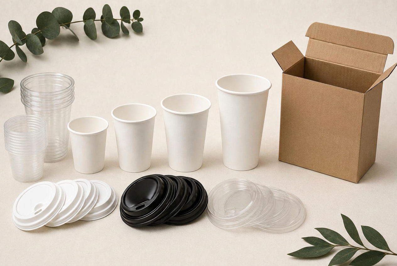 Sample pack contents: blank paper and plastic cups in every size, matching lids and a shipping carton