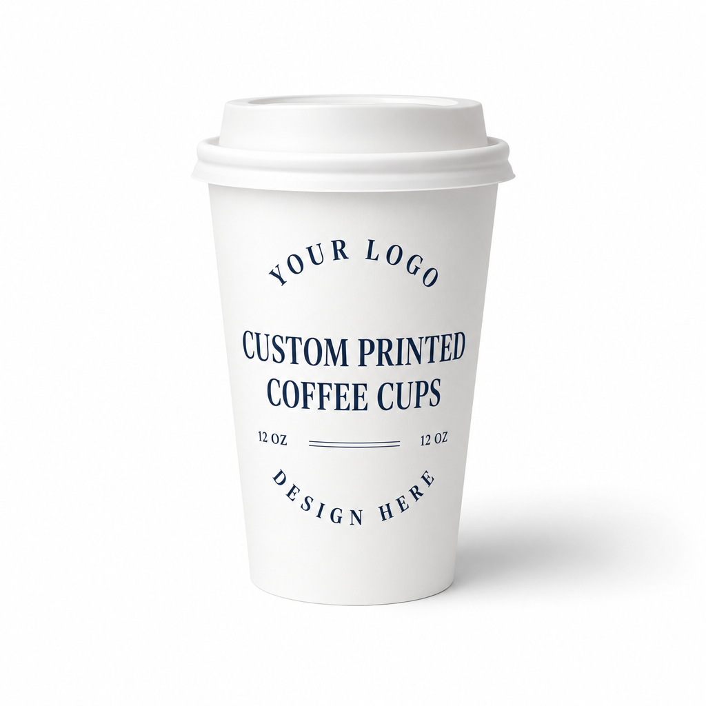 White custom printed coffee cup mockup with YOUR LOGO placeholder text